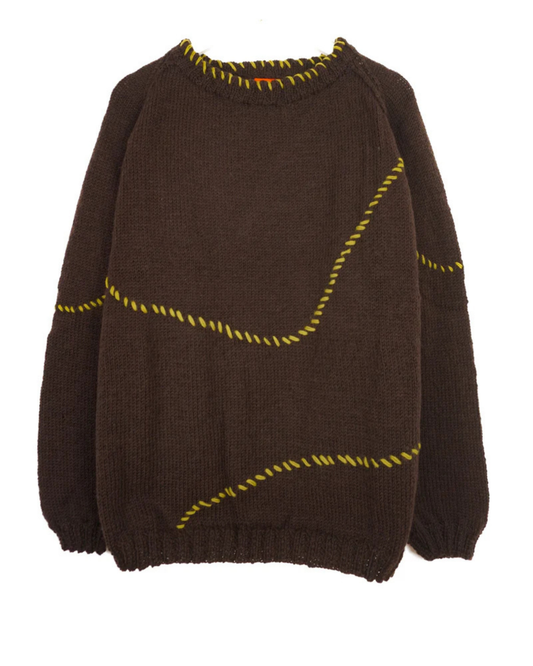 Brown sweater with yellow stitching on a white background