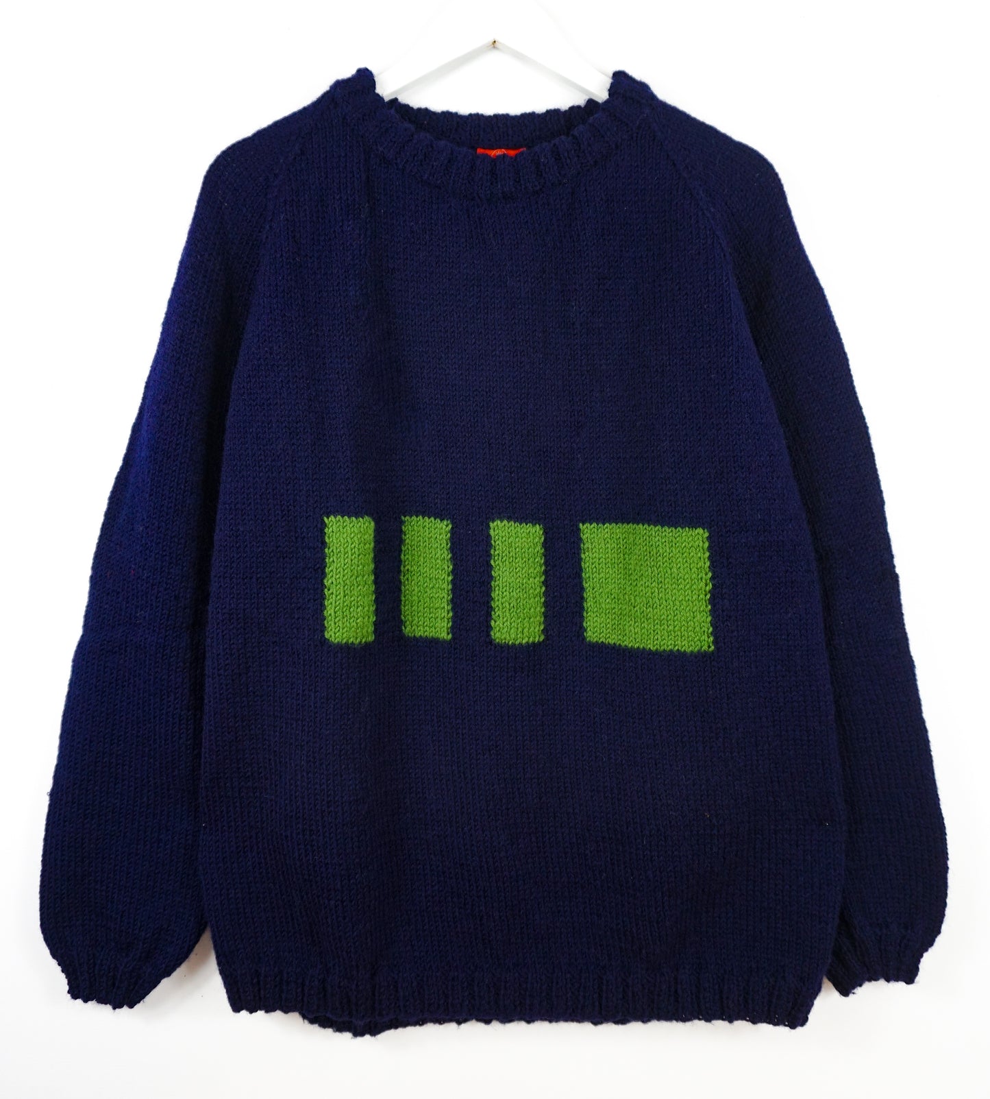 Pure Wool Dark Blue Jumper Neon Green Patterns, hand knitted and one off
