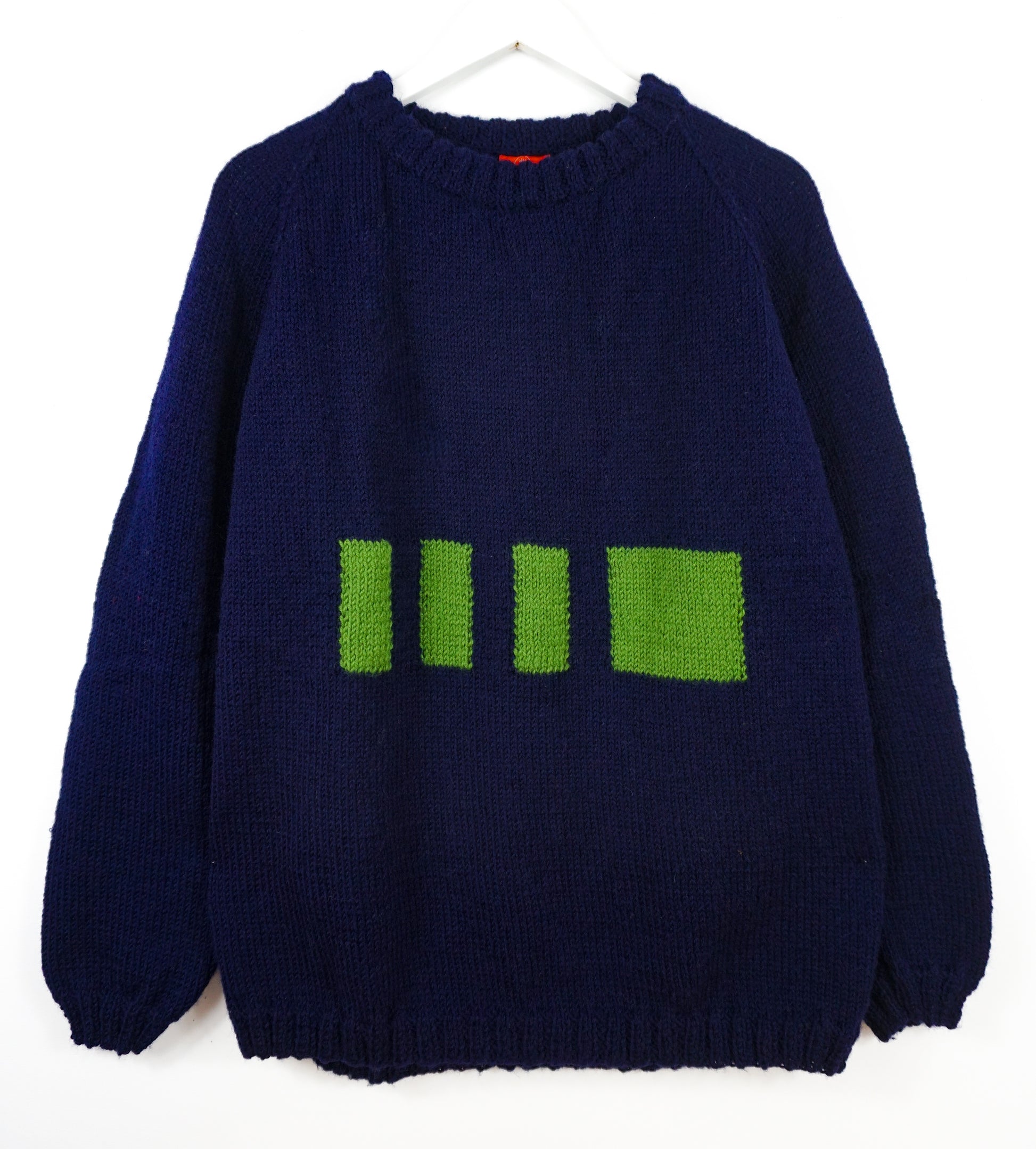Pure Wool Dark Blue Jumper Neon Green Patterns, hand knitted and one off