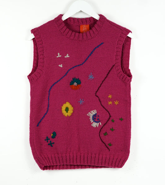 Deep Pink Vest with floral shapes knitted on it, this is a hand knitted vest, one off vest