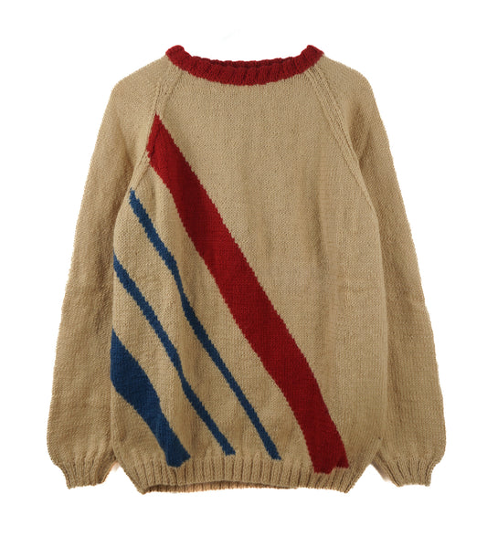 Beige sweater with red and blue diagonal stripes on a white background
