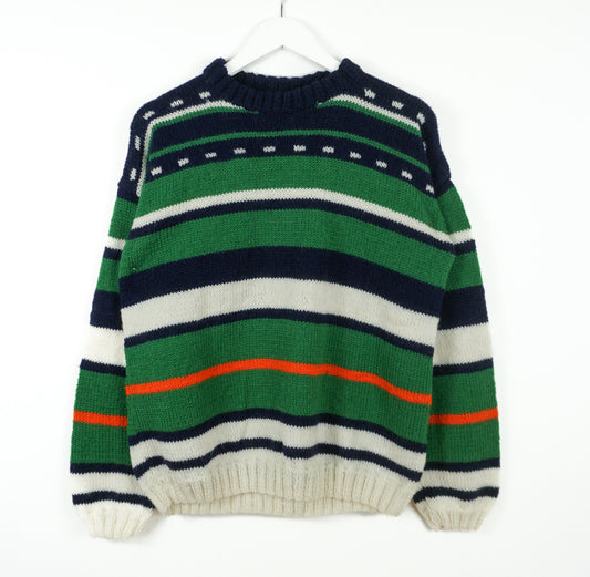 Striped sweater with green, navy, white, and red colors on a white background