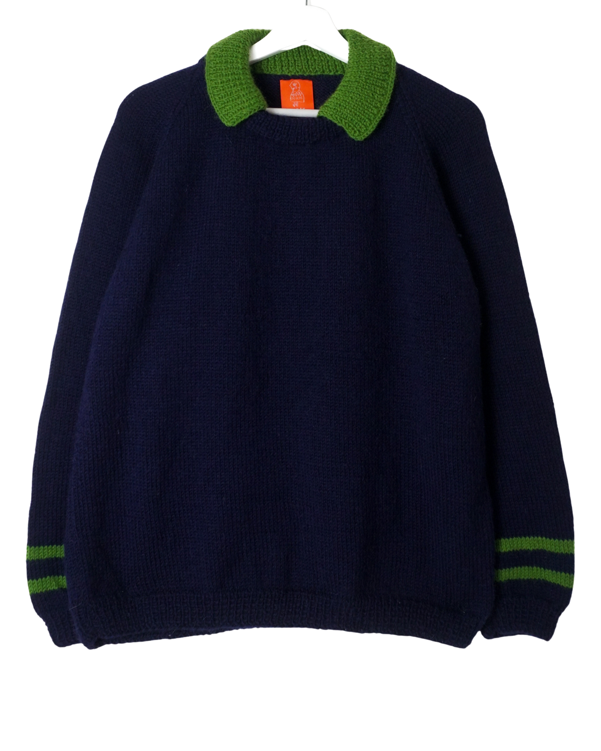 Navy blue sweater with green collar and cuffs on a white background