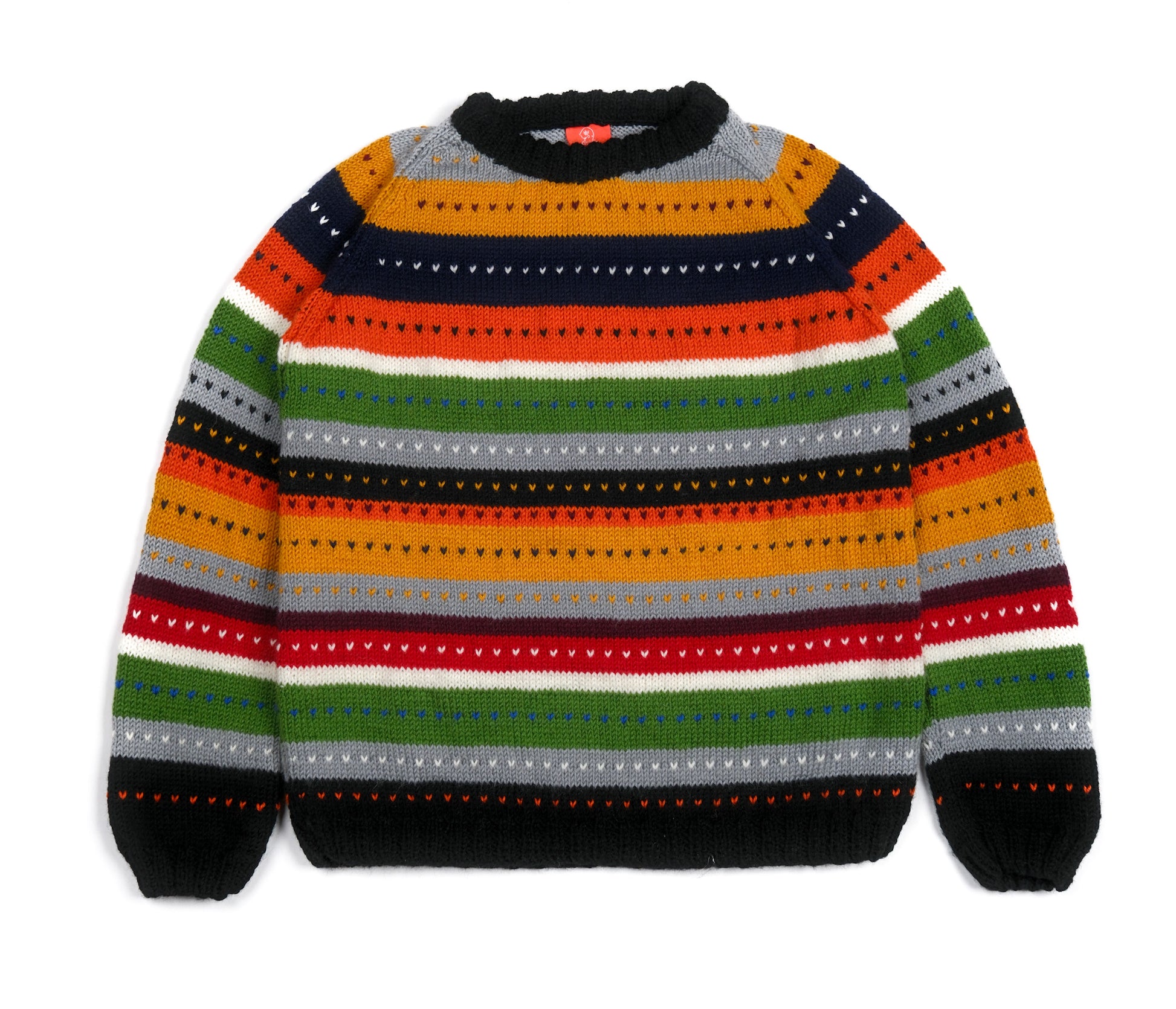 multicolour patterns, hand knitted.