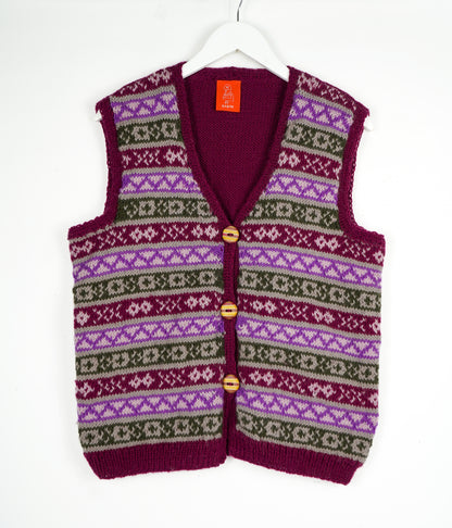 Pure Wool Heritage Vest, with skatedeck upcycled hand made buttons on it. One off, hand knitted vest.