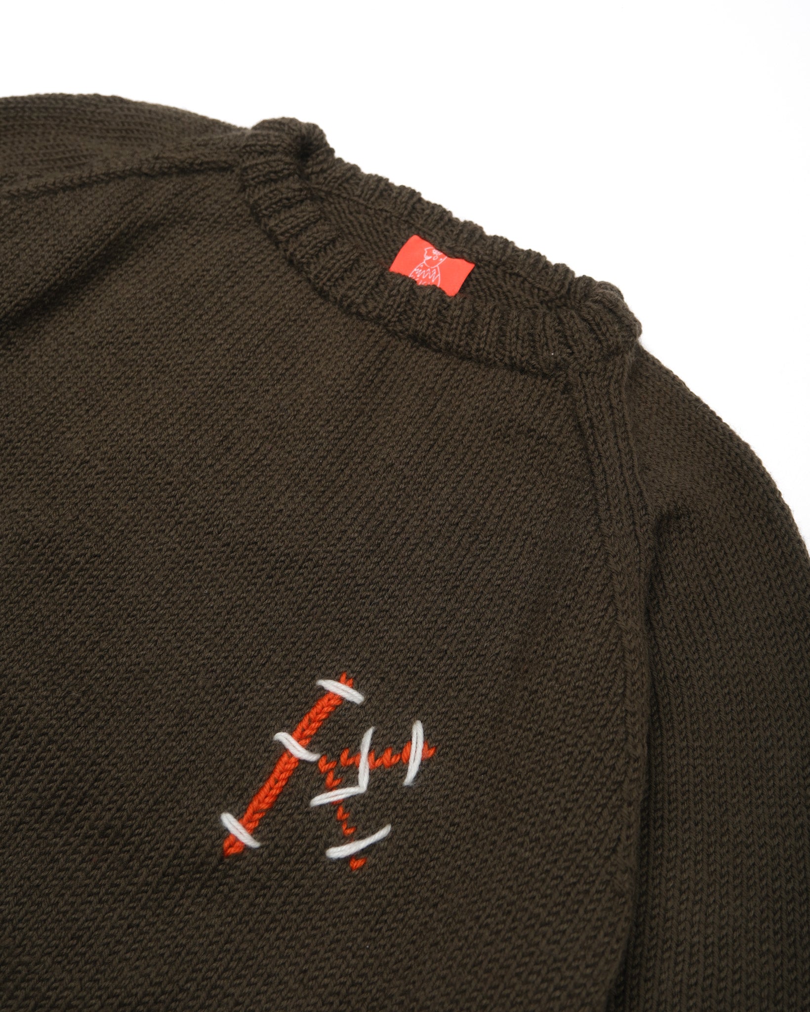Pure Wool Bold K Khaki Jumper, hand knitted.