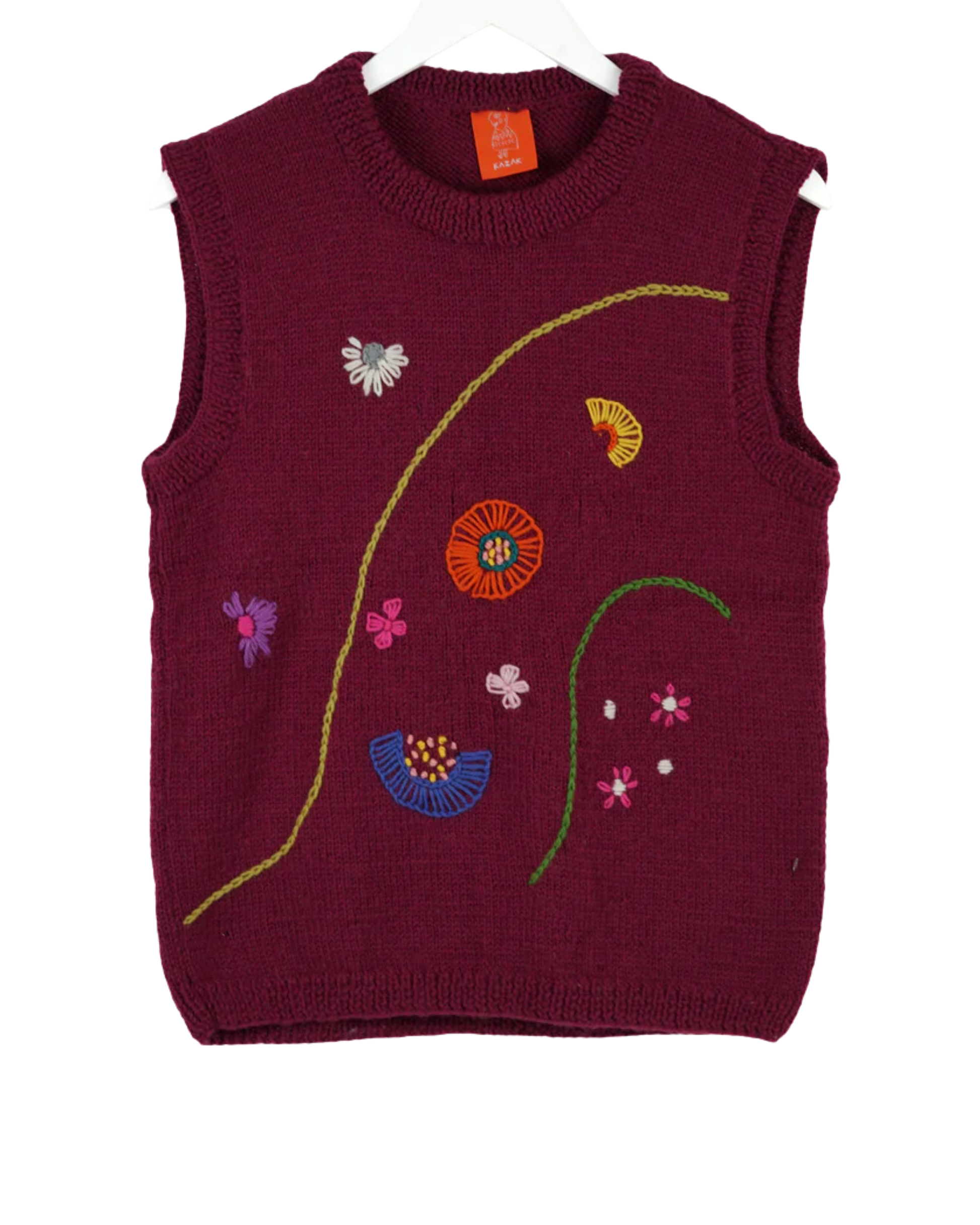  Maroon Vest with sky shapes knitted on white background