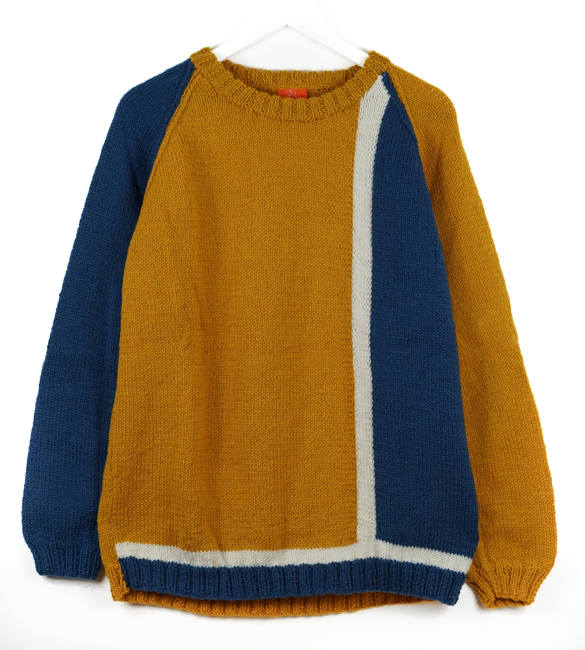 Pure Wool Mustard Jumper with Blue, hand knitted and one off.