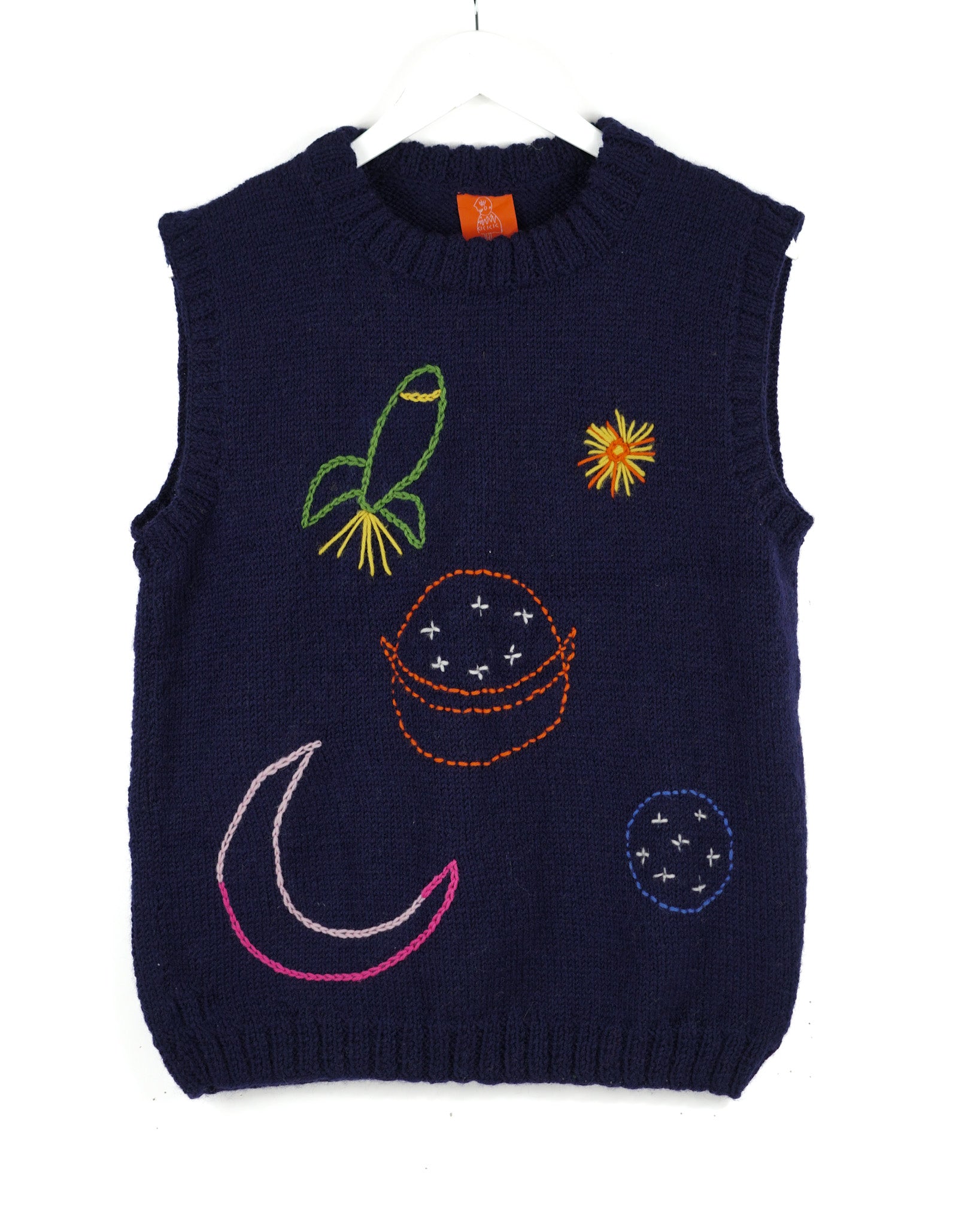 Navy Blue pure wool vest with one off design, hand knitted