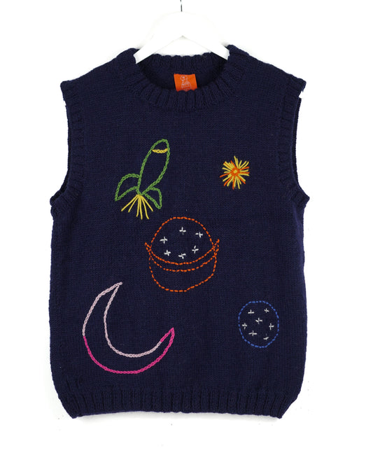 Navy Blue pure wool vest with one off design, hand knitted