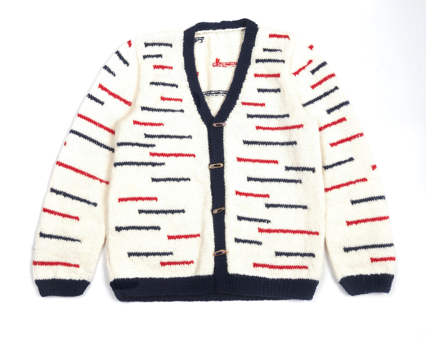 Pure Wool Navy Red Lined Cardigan with skatedeck recycled buttons. Hand knitted and large fit.