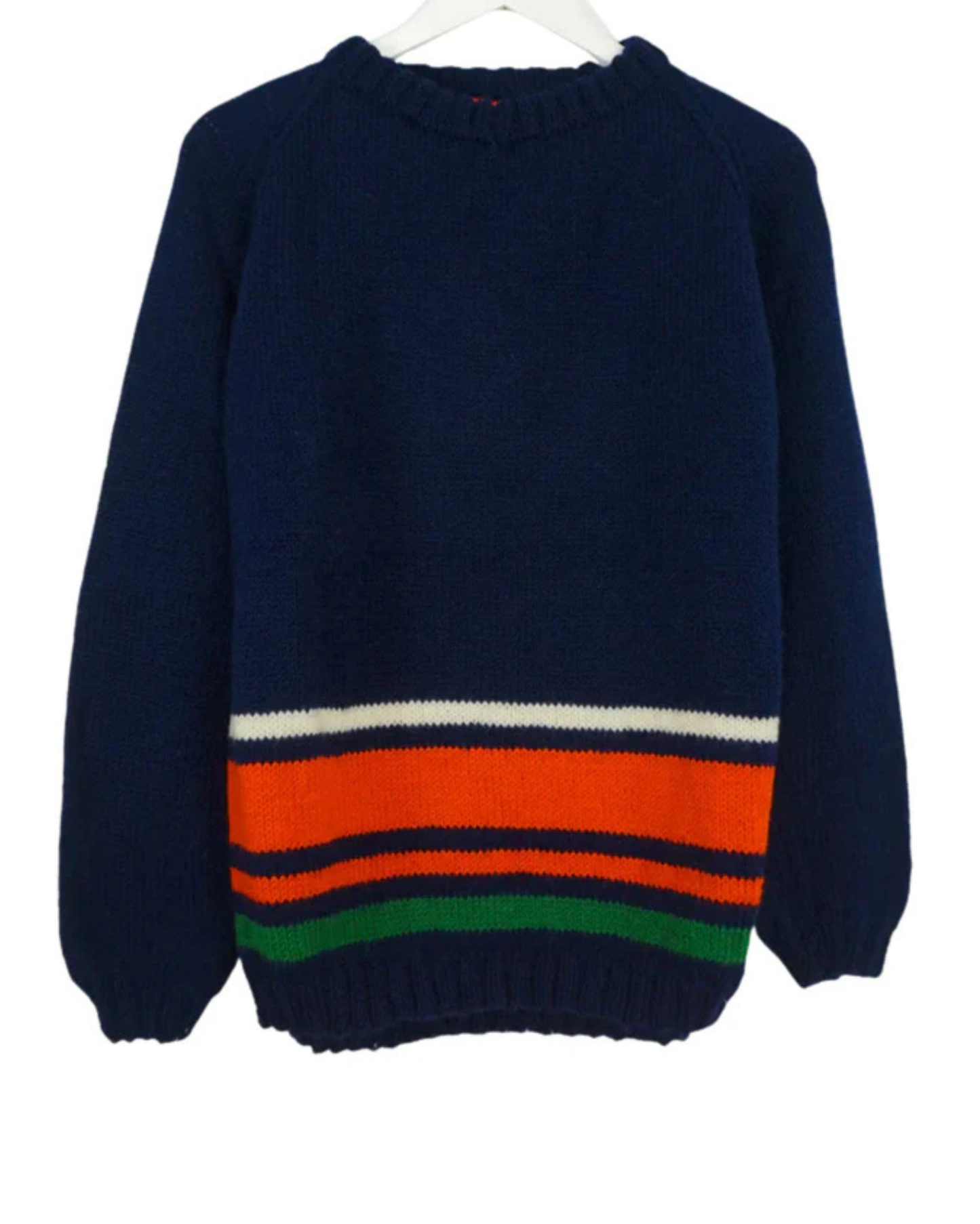 Navy sweater with colorful stripes on a white background