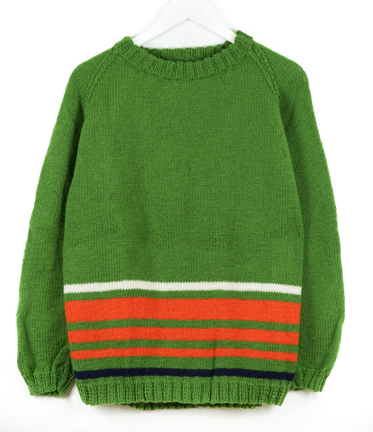 Green sweater with red and blue striped pattern on a white background