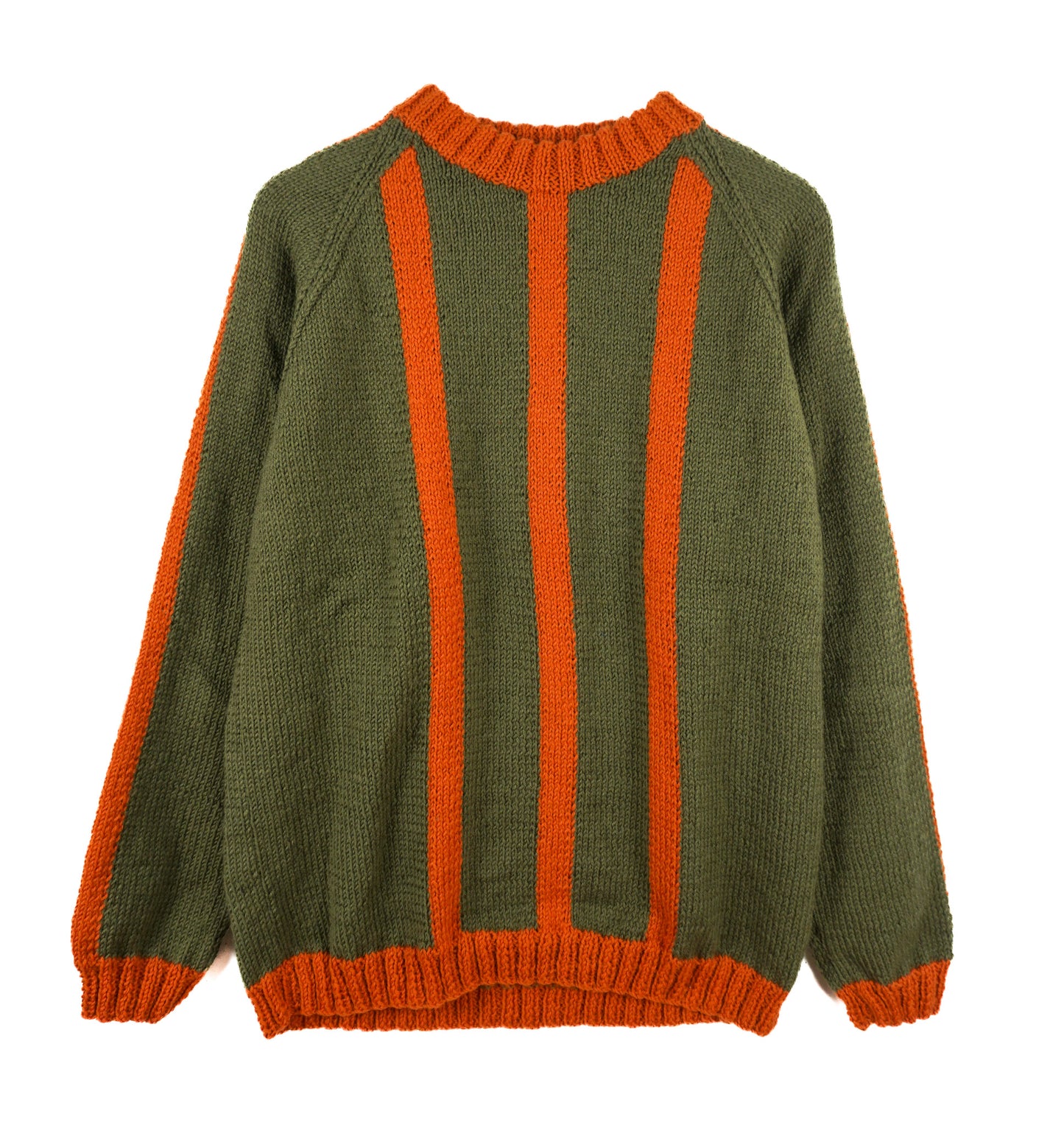 Green sweater with orange stripes on a white background