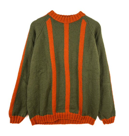 Green sweater with orange stripes on a white background