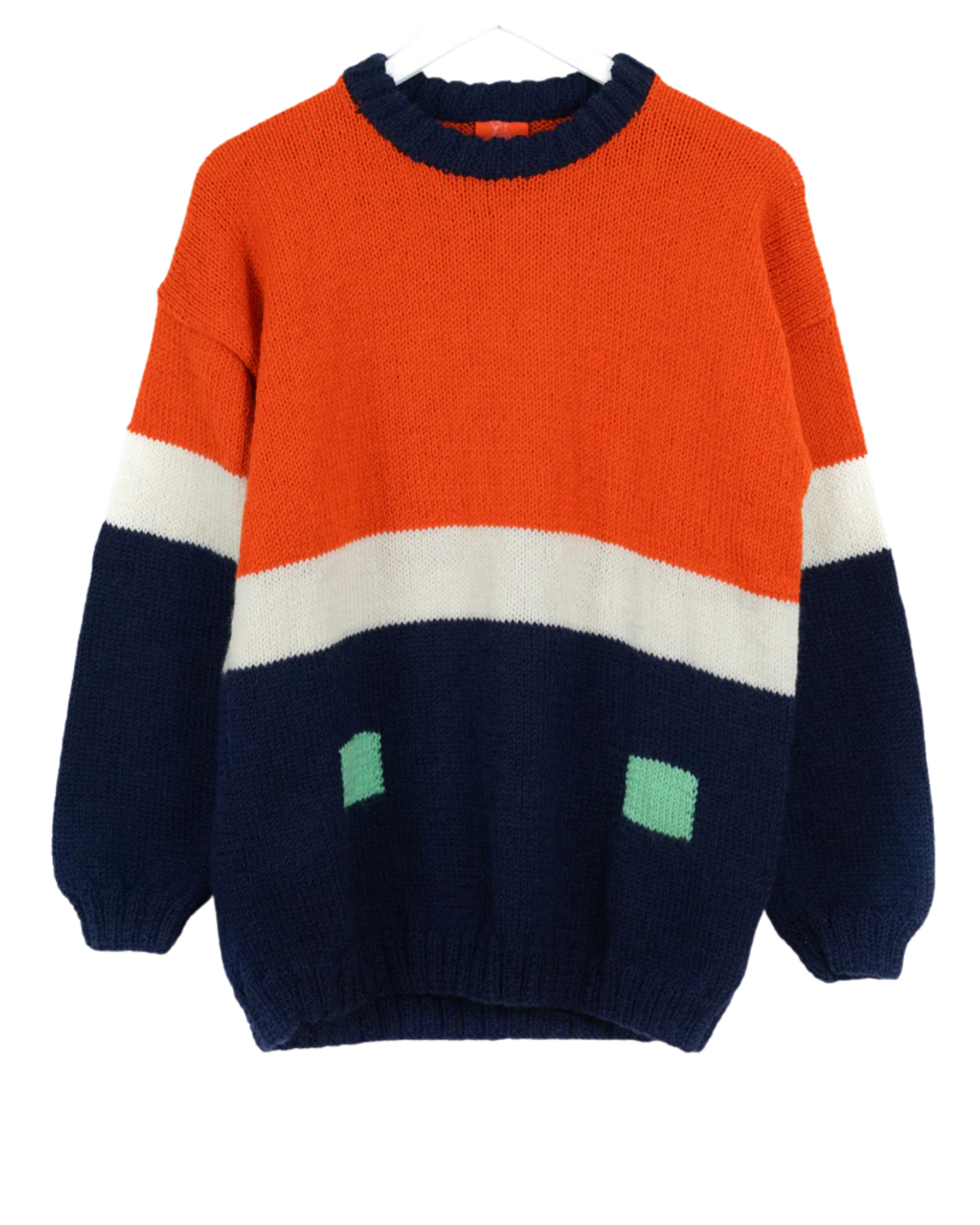 Color-blocked sweater with orange, navy, white, and green on a white background