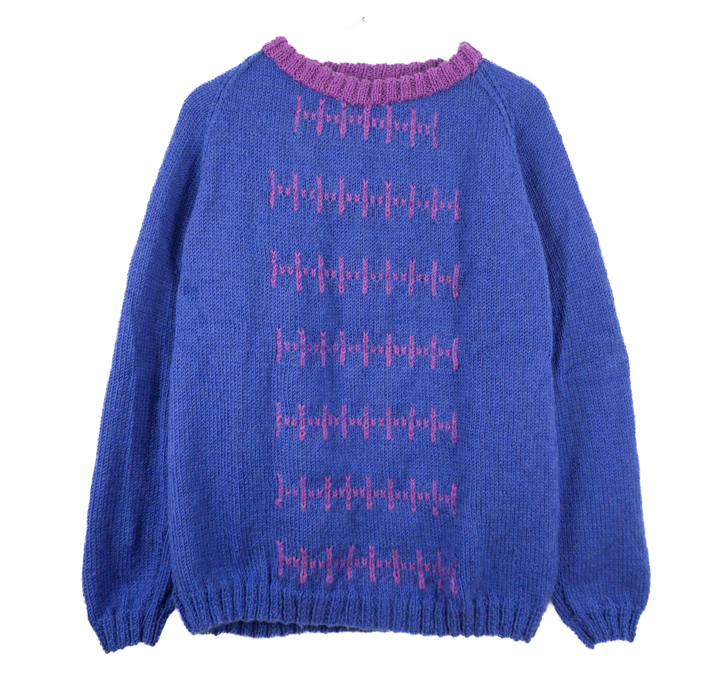 Blue sweater with pink pattern on a white background