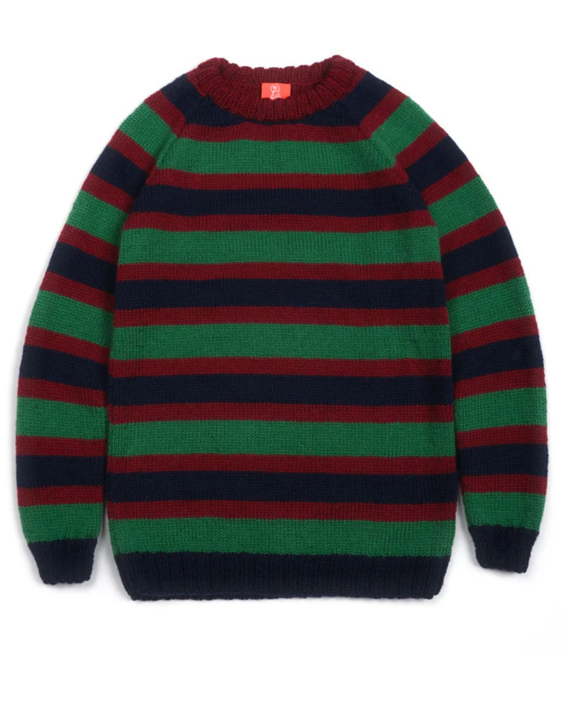 Striped sweater with red, green, and navy colors on a white background