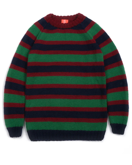 Striped sweater with red, green, and navy colors on a white background