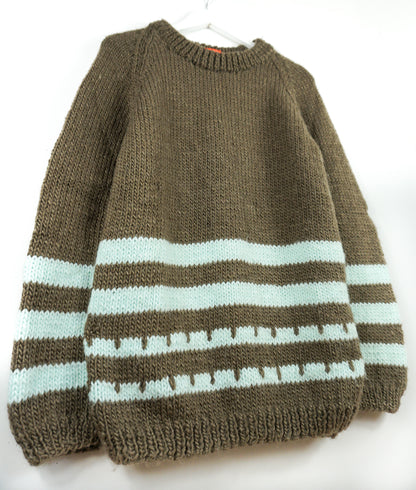 Brown sweater with light blue stripes on a white background