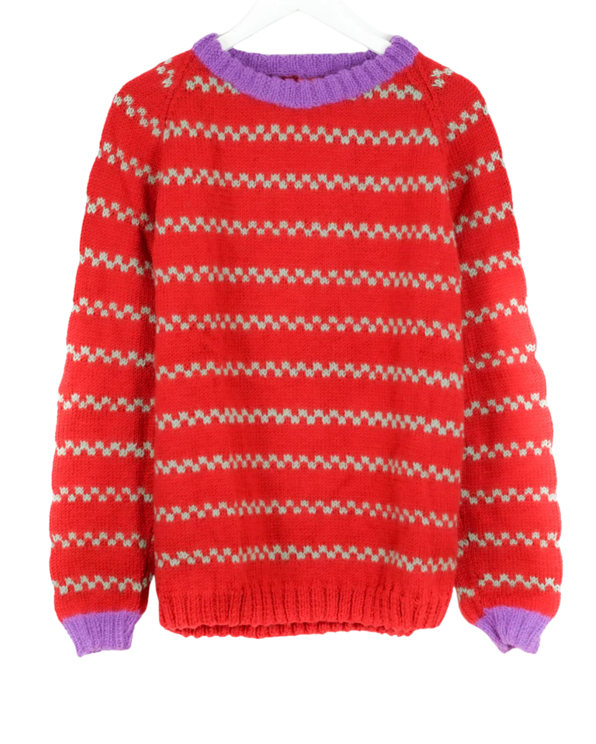 Red sweater with white pattern and purple trim on a white background