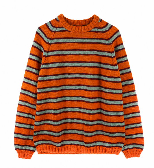 A knit crewneck sweater with horizontal stripes in bright orange, dark brown, and light gray, shown against a plain white background.