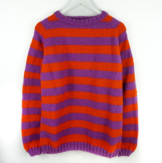 Purple jumper with vermillion Stripes hand knitted