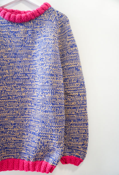 pure wool hand knitted one off Raspberry Blue Mixed Jumper