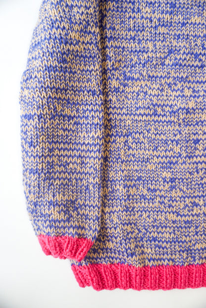 pure wool hand knitted one off Raspberry Blue Mixed Jumper