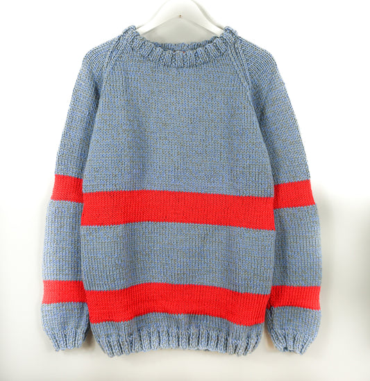 pure wool hand knitted one off Raspberry Striped Pale Blue Jumper