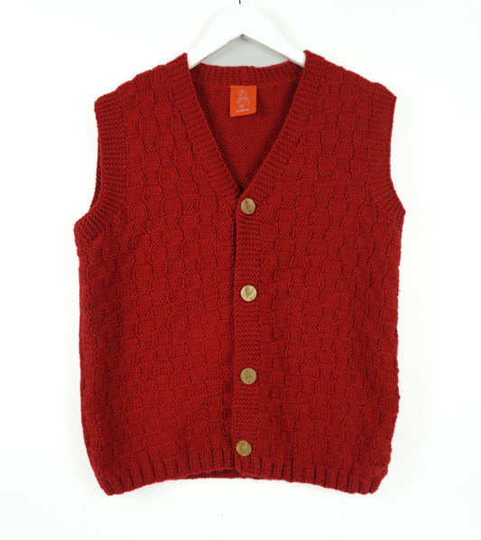 Red sleeveless cardigan with yellow buttons on a white background

