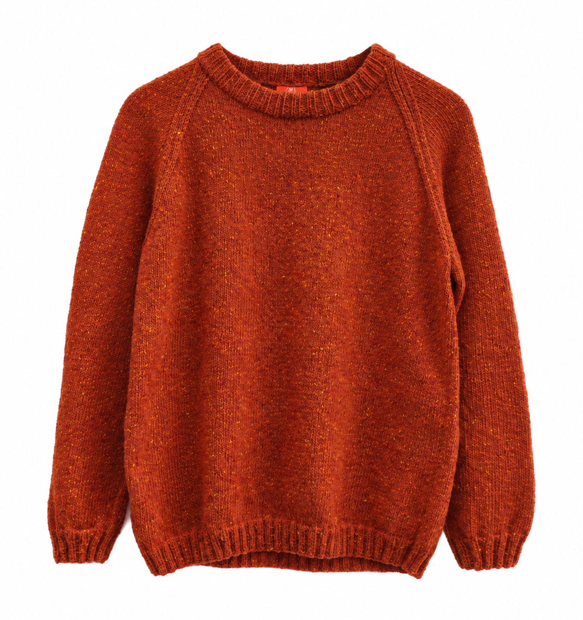 A rust-orange knit crewneck sweater with raglan sleeves, shown flat against a solid white background.