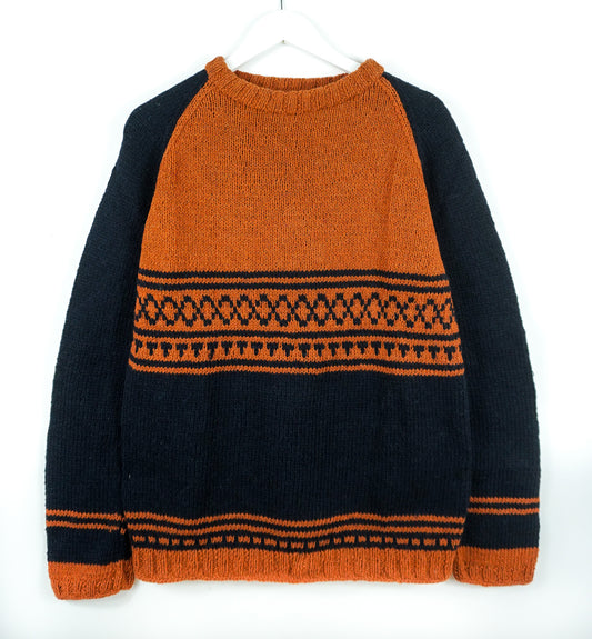 pure wool hand knitted one off Terracotta Dark Navy Patterned Jumper