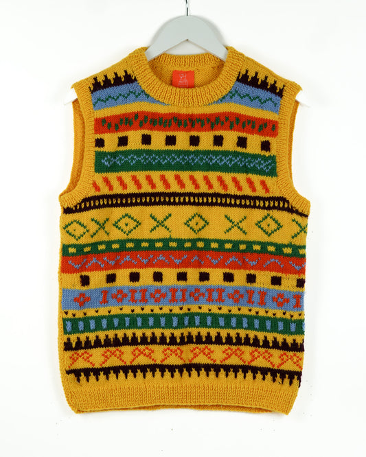 Yellow vest with heritage patterns on a white back ground