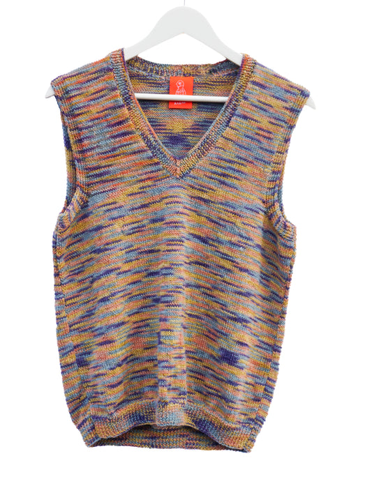 A sleeveless V-neck knit sweater vest with a marled multicolor pattern of blue, orange, yellow, and purple, hanging on a white hanger against a white background.
