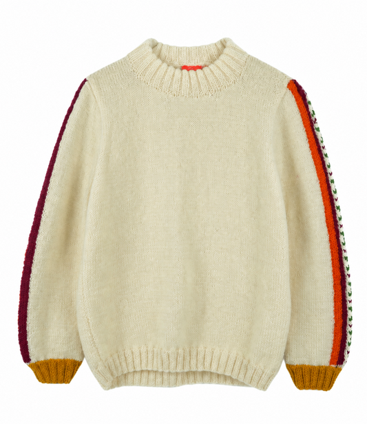 An off-white knit sweater with colorful striped sleeve panels in red, orange, green, and yellow, set against a plain white background.