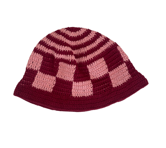 Berry Check Hat, one-off hand-crocheted hat by Kazak Woolies