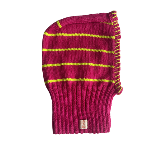 Berry Gold Stripe Balaclava, one-off hand-knitted balaclava by Kazak Woolies