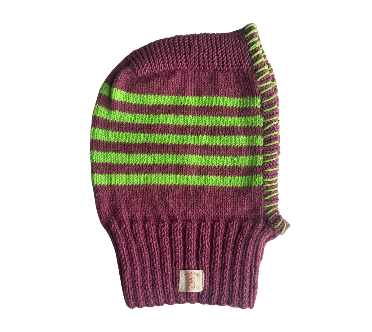 Berry Lime Stripe Balaclava, one-off hand-knitted balaclava by Kazak Woolies