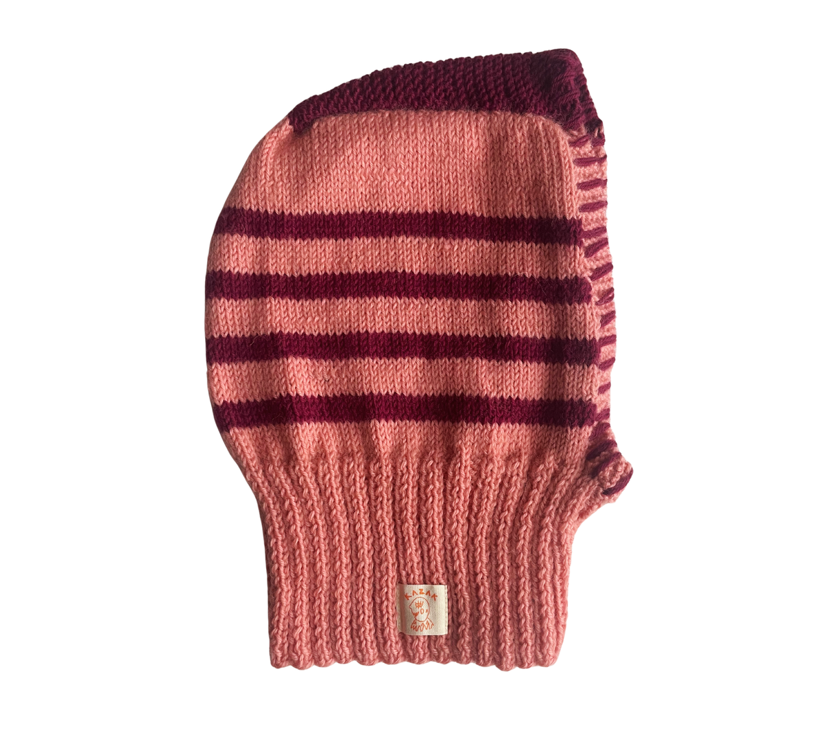 Berry Rose Stripe Balaclava, one-off hand-knitted balaclava by Kazak Woolies