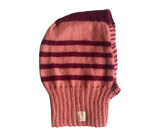 Berry Rose Stripe Balaclava, one-off hand-knitted balaclava by Kazak Woolies