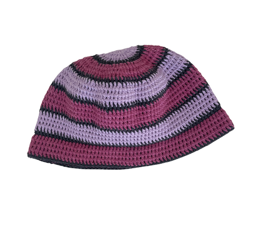 Berry Stripe Bucket, one-off hand-crocheted bucket hat by Kazak Woolies