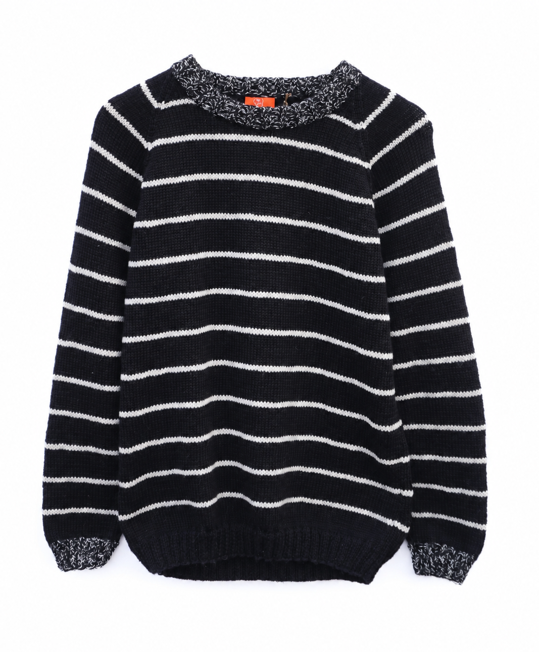 A black and white horizontally striped knit sweater with textured, speckled trim at the collar, cuffs, and hem, displayed flat against a white background.