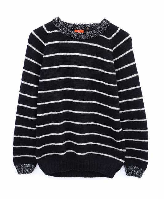 A black and white horizontally striped knit sweater with textured, speckled trim at the collar, cuffs, and hem, displayed flat against a white background.