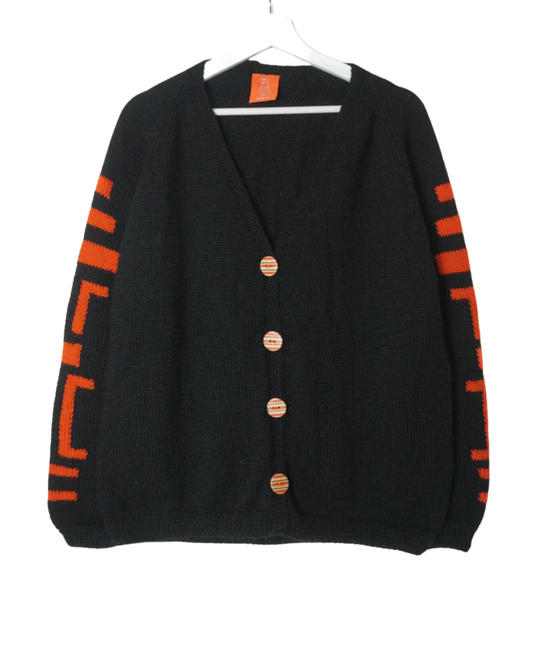 Black Geo Sleeve Cardigan, one-off hand-knitted cardigan by Kazak Woolies