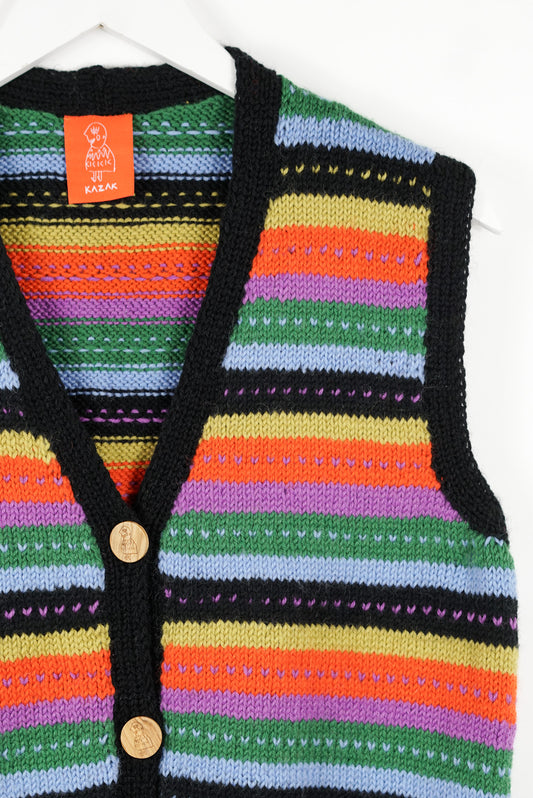 Black Sleeveless cardigan with neon colours and yellow buttons on a white back ground