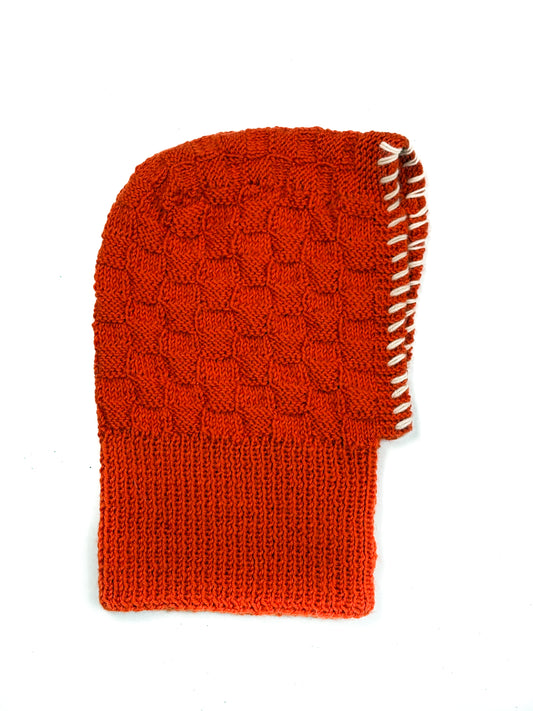 Blood Orange Balaclava, one-off hand-knitted balaclava by Kazak Woolies