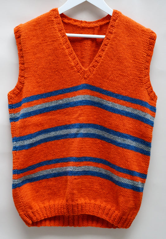 Blood Orange Vest, one-off hand-knitted vest by Kazak Woolies
