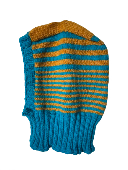 Blue and Mustard Stripes Balaclava, one-off hand-knitted balaclava by Kazak Woolies