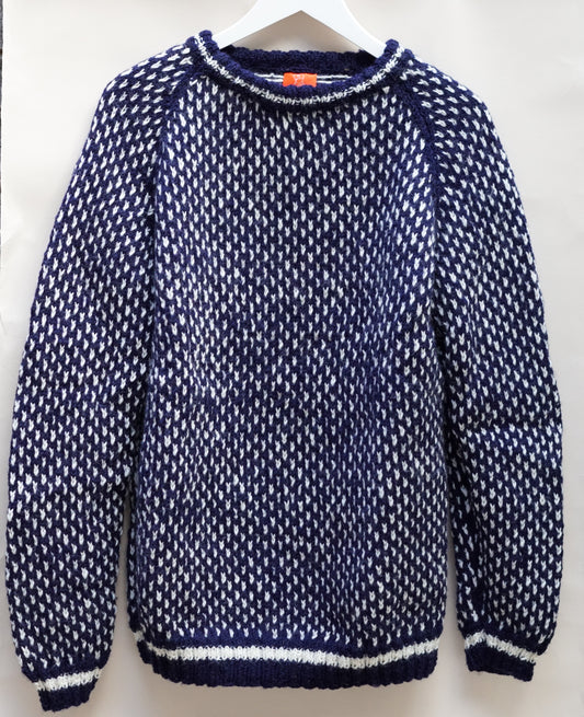 Blue and White Fisherman Jumper, one-off hand-knitted jumper by Kazak Woolies